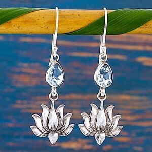 Silver Blue Topaz Lotus Dangle Earrings Dainty Flower Stone Hook Water Drop
